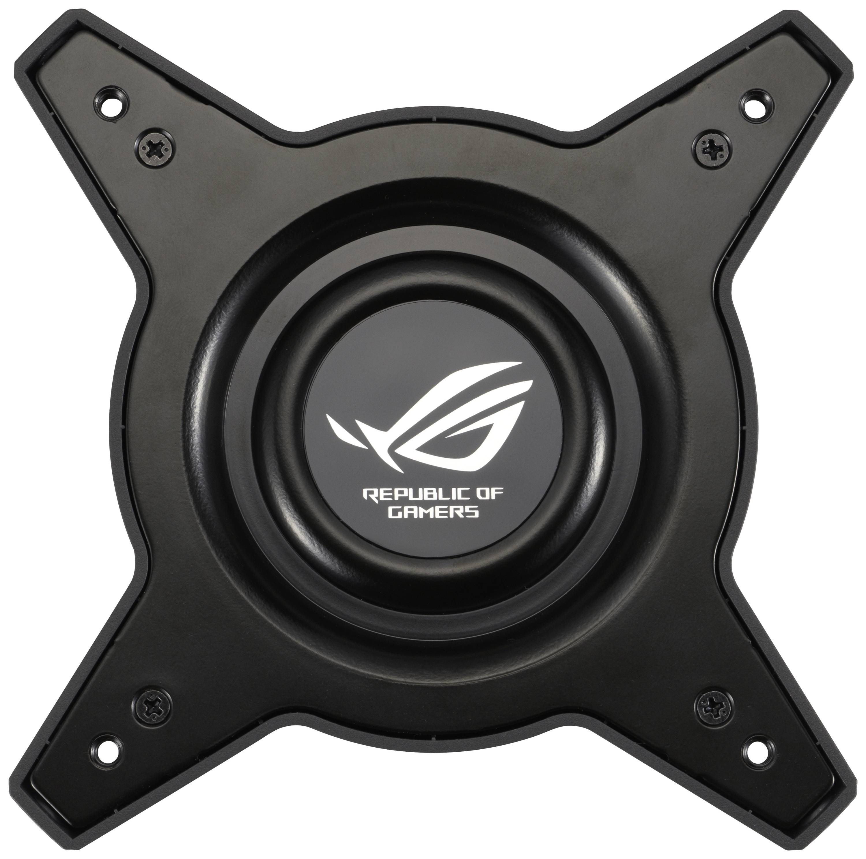 Ein schwarzes, sternförmiges Bauteil mit einem kreisförmigen Logo in der Mitte, auf dem 'Republic of Gamers' steht.