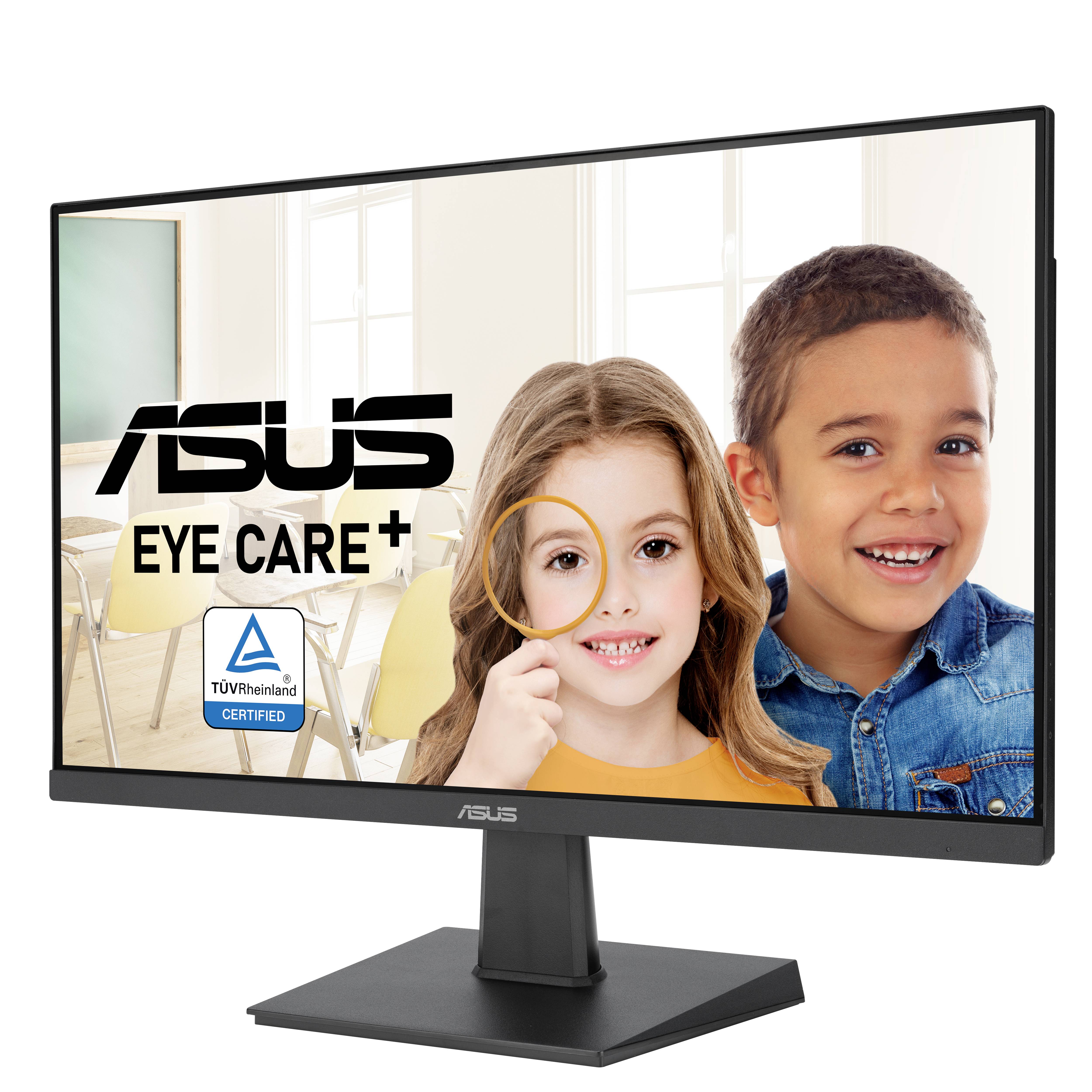 Ein Monitorbildschirm zeigt zwei Kinder, ein Mädchen mit Brille hält eine Lupe, daneben ein Junge lächelt; ASUS Eye Care+ Display.
