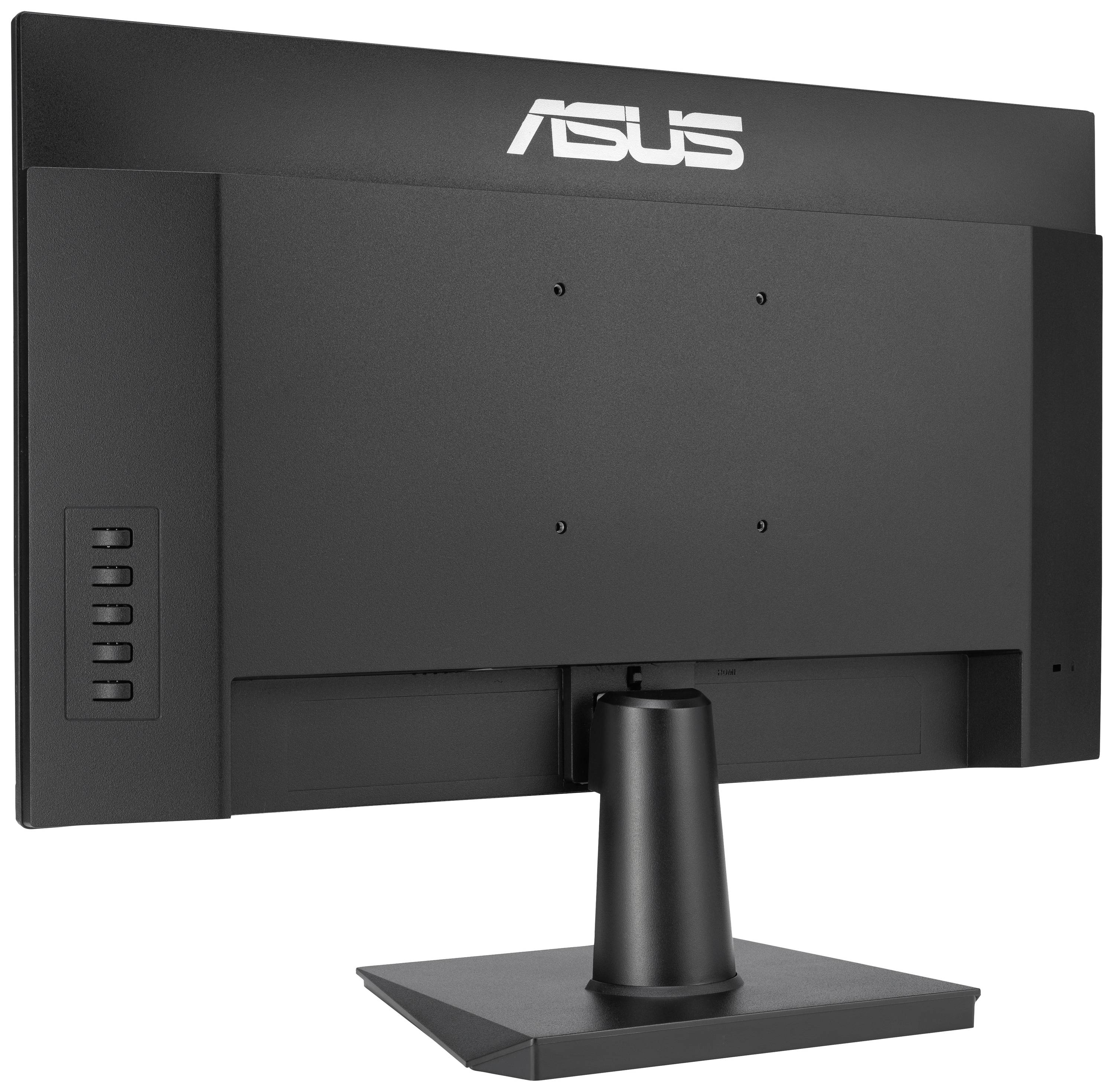 Ein schwarzer Computerbildschirm von hinten, mit einem sichtbaren schwenkbaren Standfuß und dem Herstellerlogo oben.