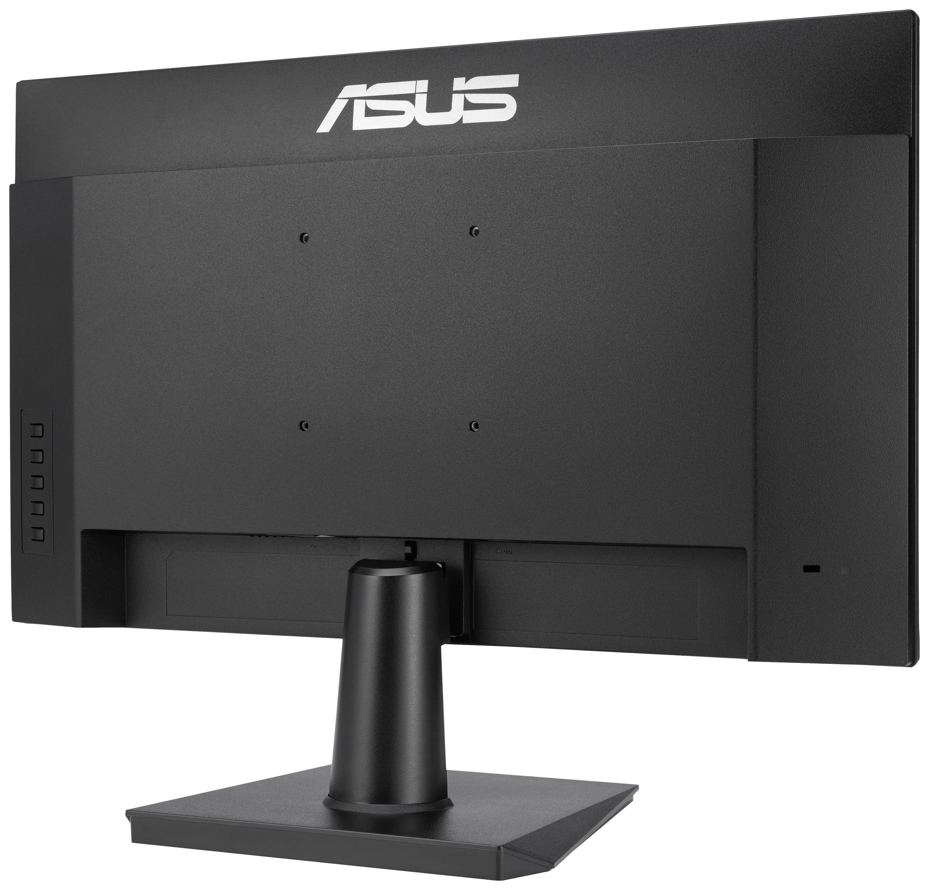 Rückansicht eines ASUS Computermonitors auf einem Ständer. Bildschirm ist schwarz, ohne sichtbaren Inhalt.
