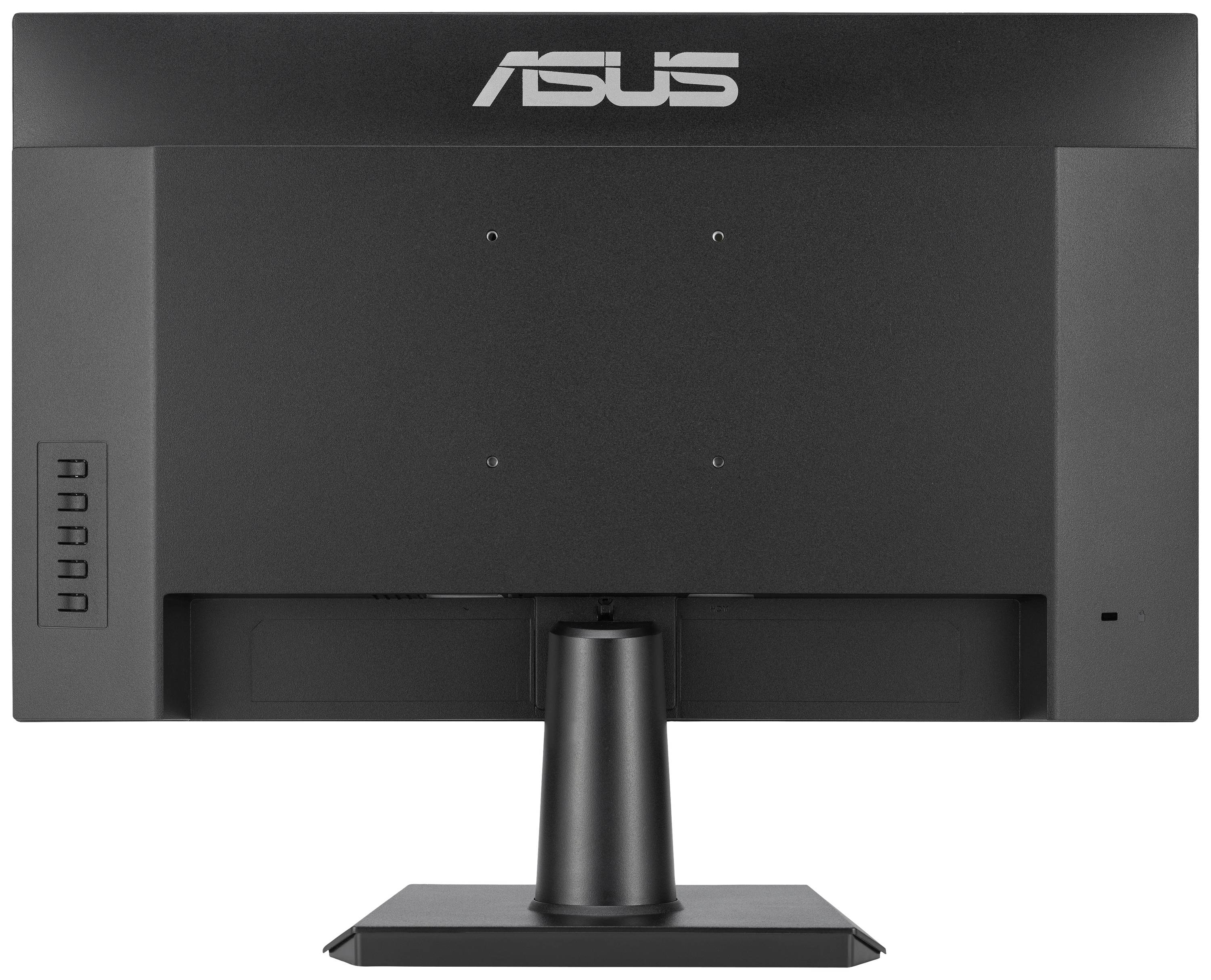Ein schwarzer Computermonitor von hinten gezeigt, mit einem ASUS-Logo oben, Standfuß unten und Bedientasten seitlich links.