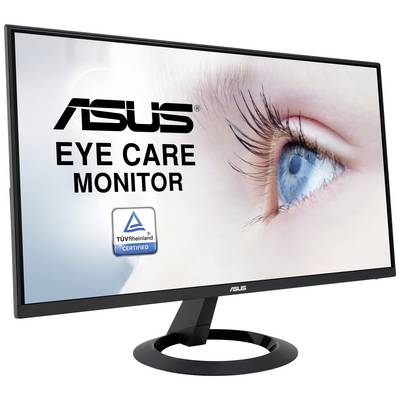 Asus-Monitor mit 'Eye Care' und TÜV Rheinland Zertifizierung. Anzeige betont Augenkomfort. Produktbild mit blauem Auge.