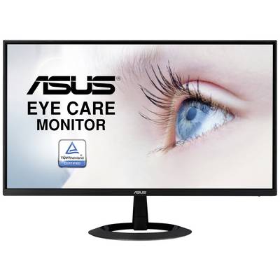 Ein ASUS-Monitor mit TÜV-Zertifizierung; 'Eye Care Monitor' angezeigt. Nahaufnahme eines blauen Auges rechts im Bild.