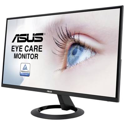 Ein ASUS-Monitor mit dem Text 'Eye Care Monitor' und 'TÜV Rheinland zertifiziert' auf dem Bildschirm. Nahaufnahme eines Auges im Hintergrund.