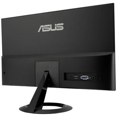 Rückansicht eines schwarzen Asus-Monitors mit sichtbaren Anschlüssen, einschließlich VGA und HDMI, auf einem runden Standfuß.