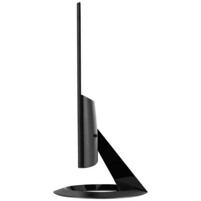 Ein ultradünner schwarzer Computermonitor im seitlichen Profil auf einem Ständer.