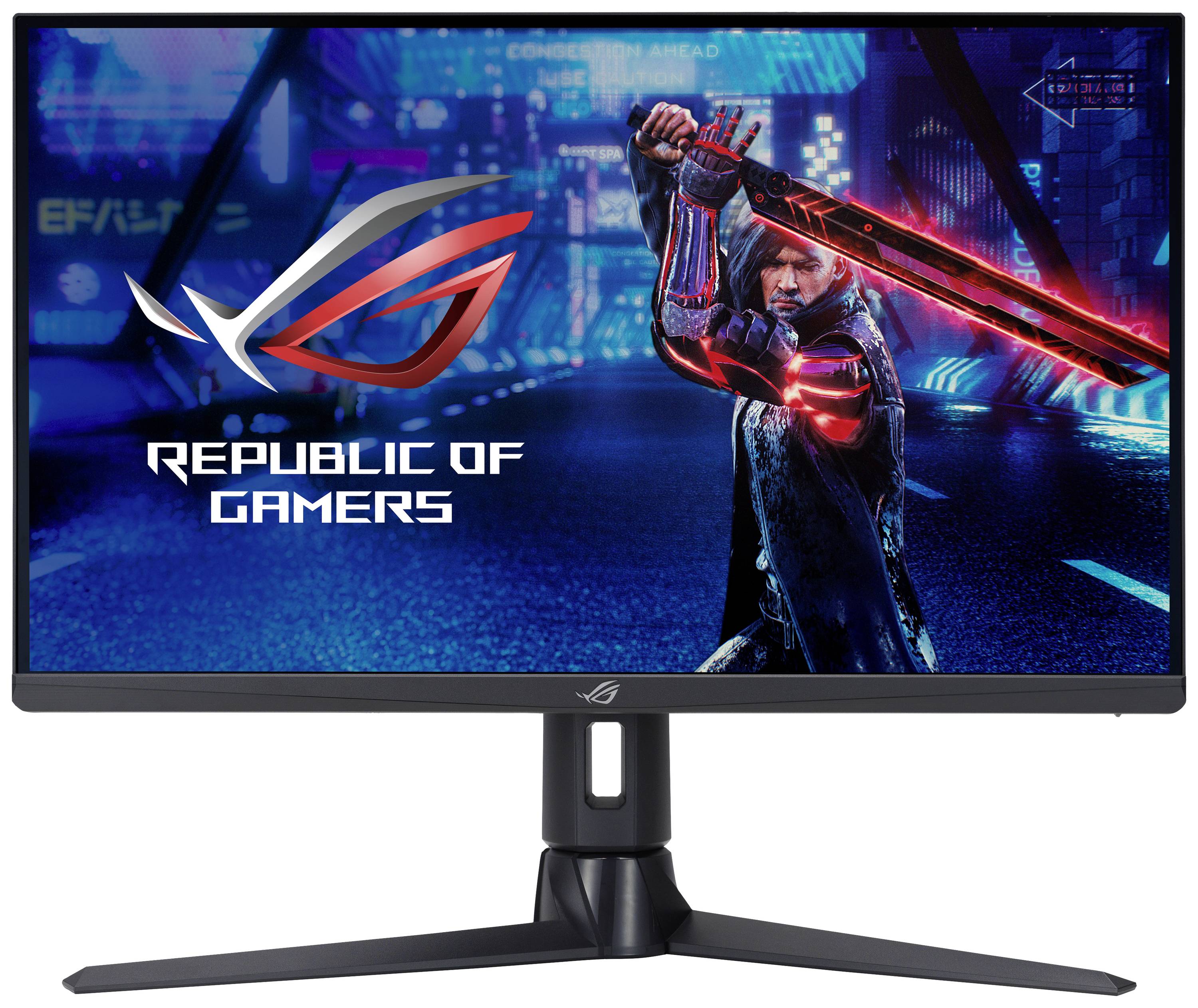 Ein Gaming-Monitor zeigt ein futuristisches Bild mit einer Figur, die ein leuchtendes Schwert hält, daneben das Logo 'Republic of Gamers'.