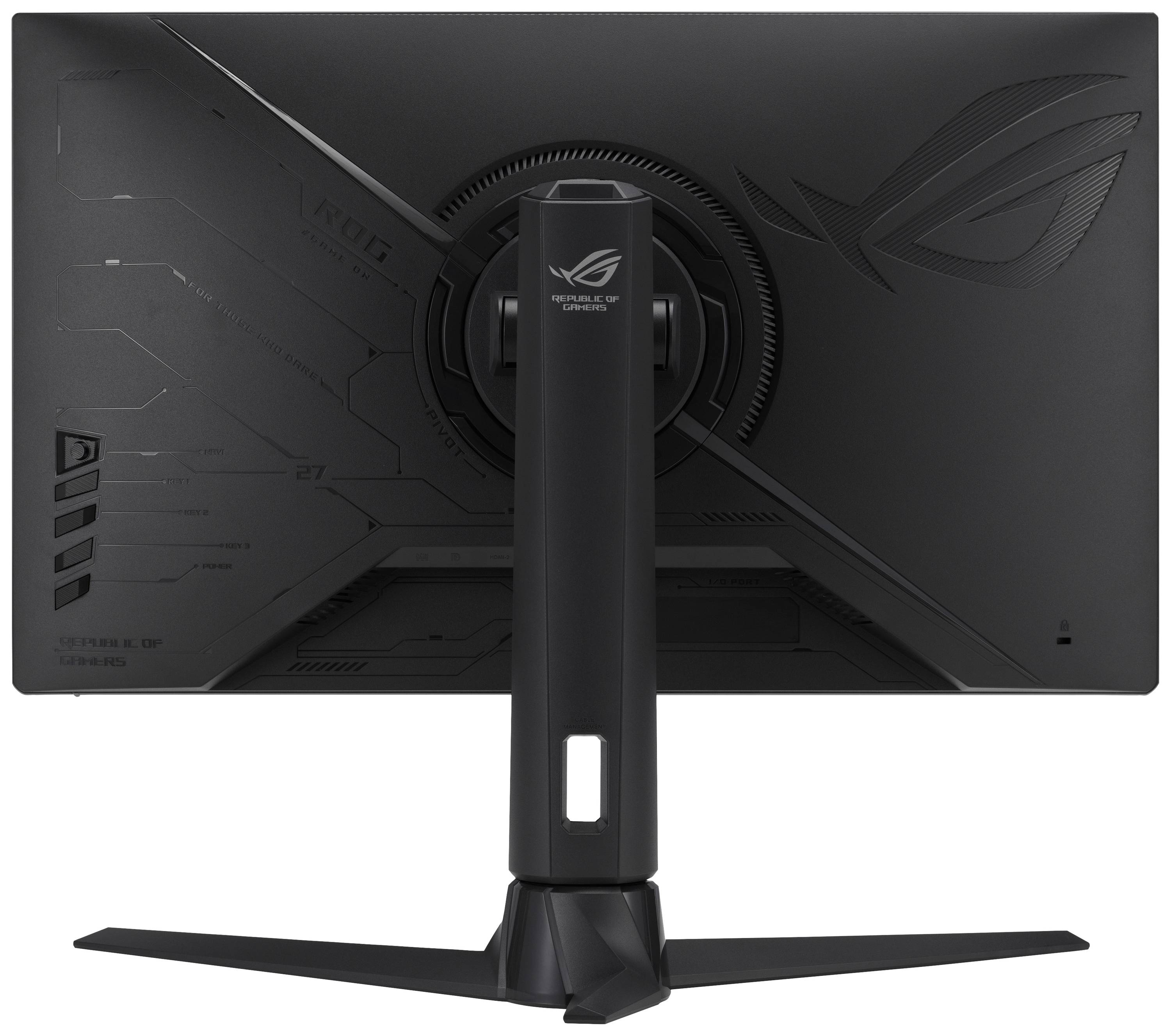 Ein Computerbildschirm der Marke ASUS ROG, von hinten gesehen. Zeigt das ROG-Logo und technische Designelemente auf der Rückseite.