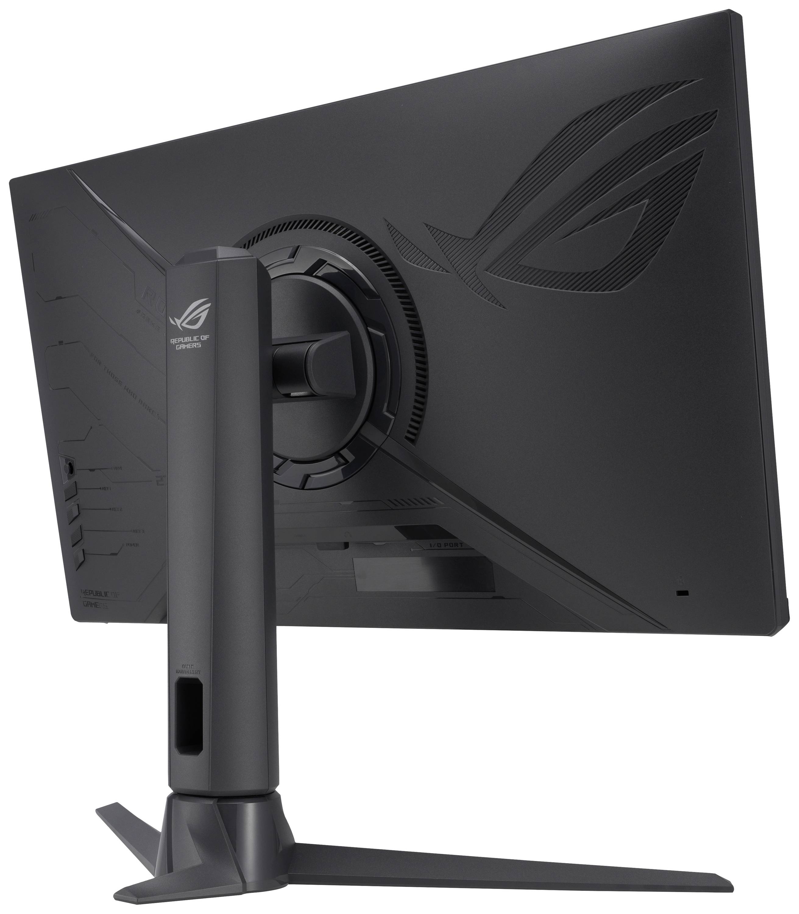 Ein Monitor mit schwarzem Gehäuse und einem stabilen Standfuß, von hinten betrachtet. Auf der Rückseite ist ein Logo zu sehen.