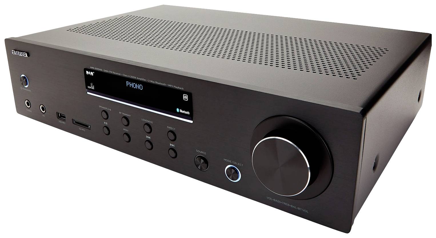 Schwarzer Audio-Verstärker mit mehreren Bedienelementen, großem Lautstärkeregler und digitalem Display, zeigt 'Phono' an.
