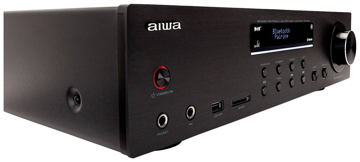Ein schwarzer Stereo-Verstärker mit Audioreglern und einem Display, das 'Bluetooth Pairing' anzeigt. Anschlüsse vorn sichtbar.
