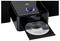 Schwarzer CD-/DVD-Drucker oder Dupliziergerät mit geöffnetem Fachauszug, auf dem eine bedruckte Disc geladen wird; blau beleuchtete Steuertaste oben.