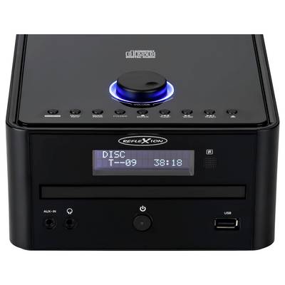 Black Reflexion Desktop-CD-Player mit leuchtendem blauem Lautstärkeregler, Display zeigt 'DISC T-09 38:18' und Frontbedienelemente einschließlich AUX, Kopfhörerbuchse, Stromschalter und USB-Anschluss.