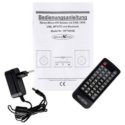 Bedienungsanleitung für Stereo-Micro-Hifi-System HIF79DAB mit Fernbedienung und Netzteil; abgebildet sind Handbuch, Fernbedienung und Steckernetzteil.<br>