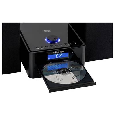 Schwarzer CD-Player mit blau beleuchteten Bedienelementen, offenes Laufwerk mit einer CD und digitales Display, das „0P" anzeigt.