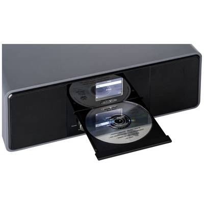 Ein schwarzer CD-Player mit einem geöffneten Fach, in dem zwei CDs sichtbar sind. Ein kleines Display befindet sich über dem Fach.