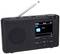 Tragbares DAB-Radio mit ausziehbarer Antenne, Display zeigt 'DAB 2GB Playing' an. Tasten für Menü, Scan, Voreinstellungen und Sleep.
