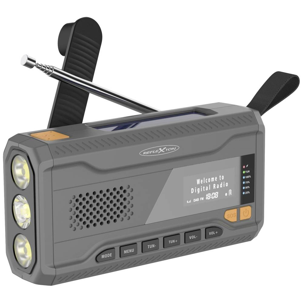 Reflexion TRA562DAB Noodradio DAB, VHF (FM) FM, Noodradio, Bluetooth Handslinger, Powerbankfunctie, Zaklamp, Oplaadbaar, Zonnepaneel, Spatwaterbestendig Grijs