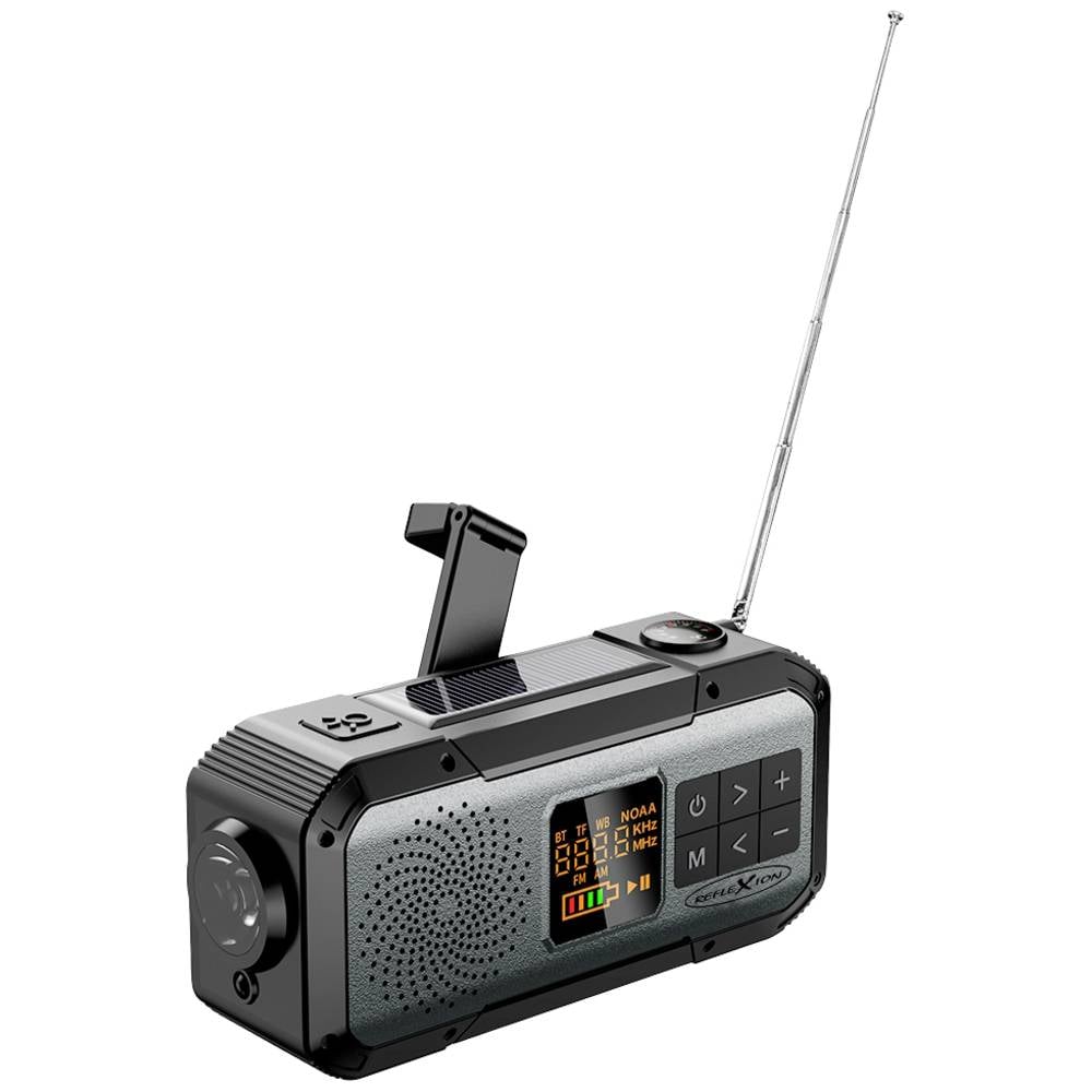 Reflexion TRA555 Noodradio VHF (FM), AM Bluetooth, FM, Noodradio Handslinger, Powerbankfunctie, Zonnepaneel, Zaklamp, Waterdicht, Oplaadbaar Zwart, Grijs