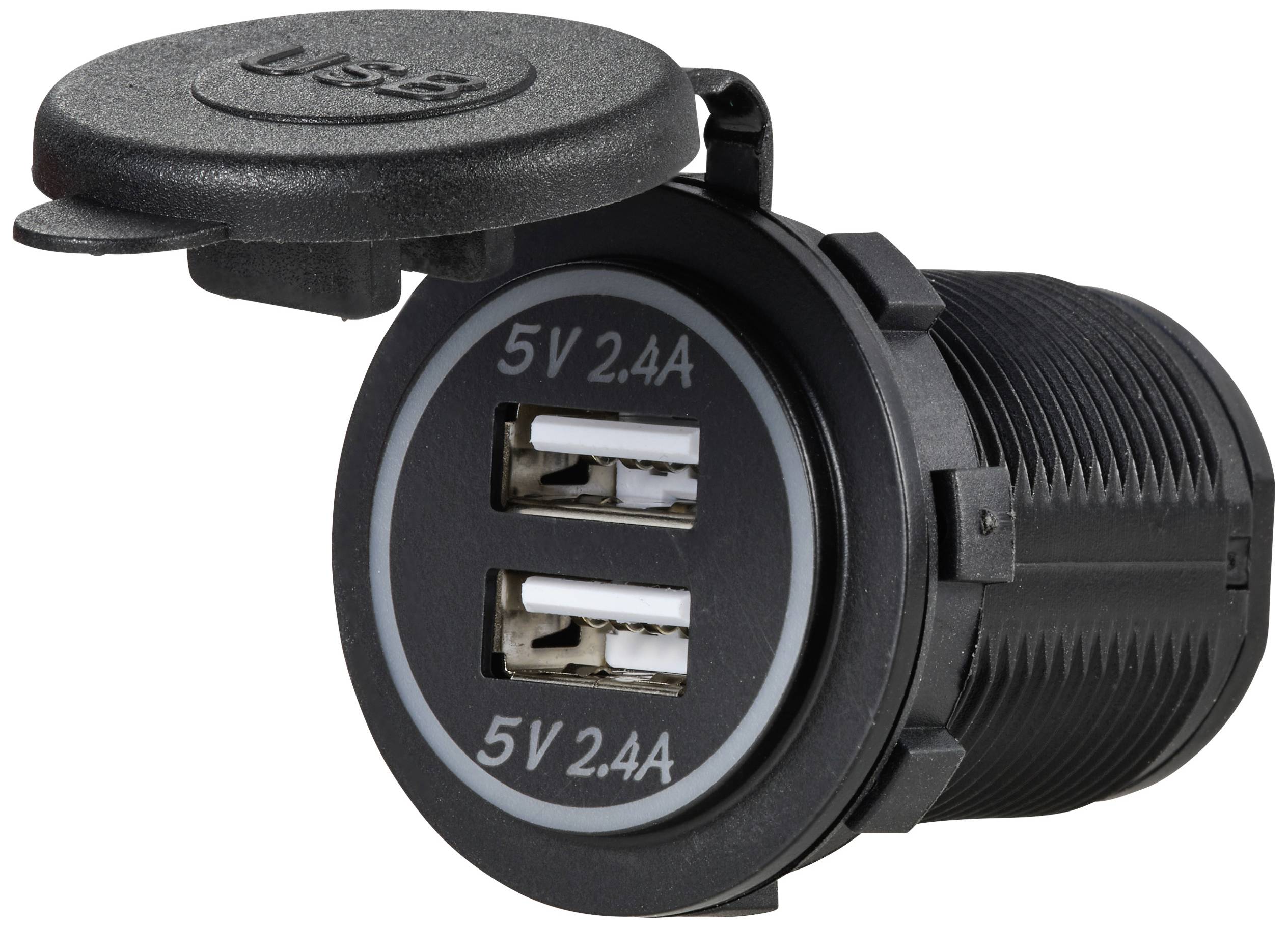 Zwei USB-Anschlüsse in einer schwarzen Einbaubuchse, gekennzeichnet mit '5V 2.4A'. Die Abdeckung der Buchse ist geöffnet.