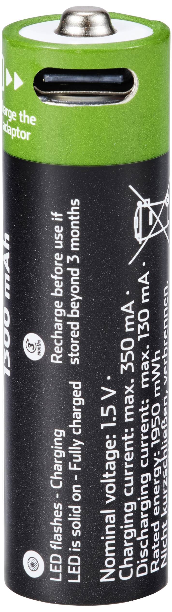 Wiederaufladbare AA-Batterie mit grünem und schwarzem Gehäuse, 1500 mAh. Text mit technischen Spezifikationen und Verwendungshinweisen.