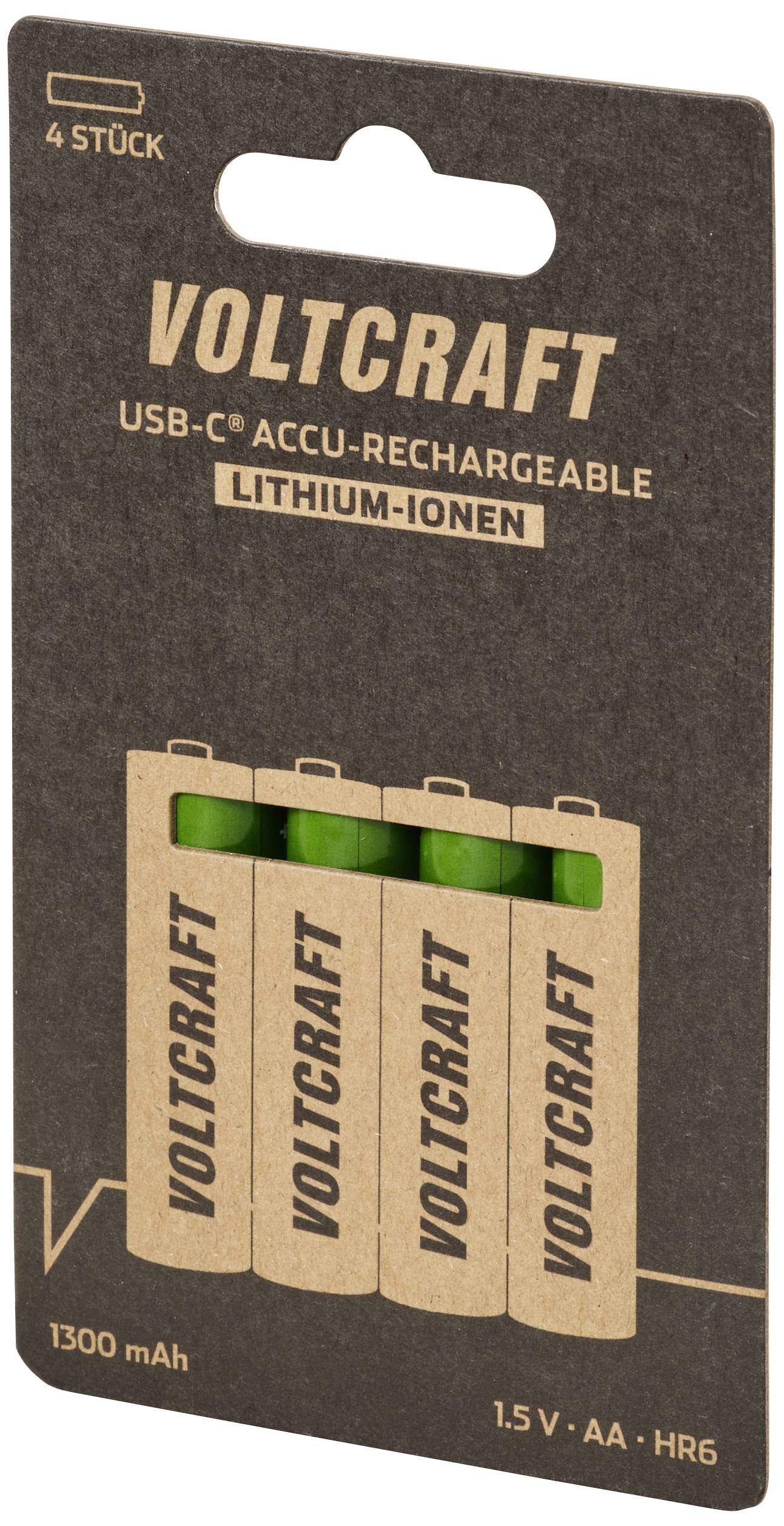 Vier Voltcraft USB-C-Akkus, Lithium-Ionen, 1,5 V AA, 1300 mAh, in einer braunen Verpackung.