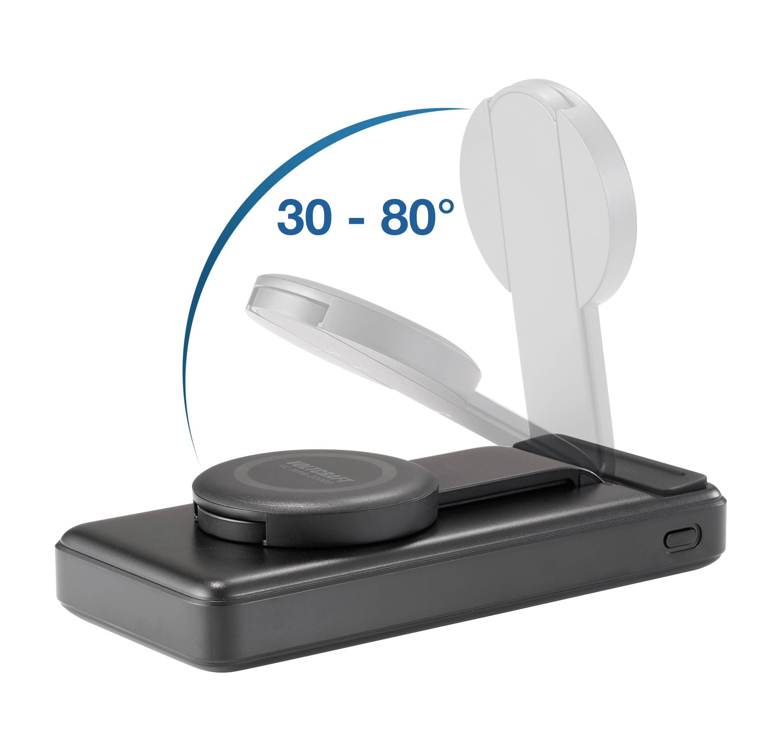 Ein kabelloses Ladegerät mit verstellbarem Standfuß zeigt eine Neigungsanpassung von 30 bis 80 Grad.