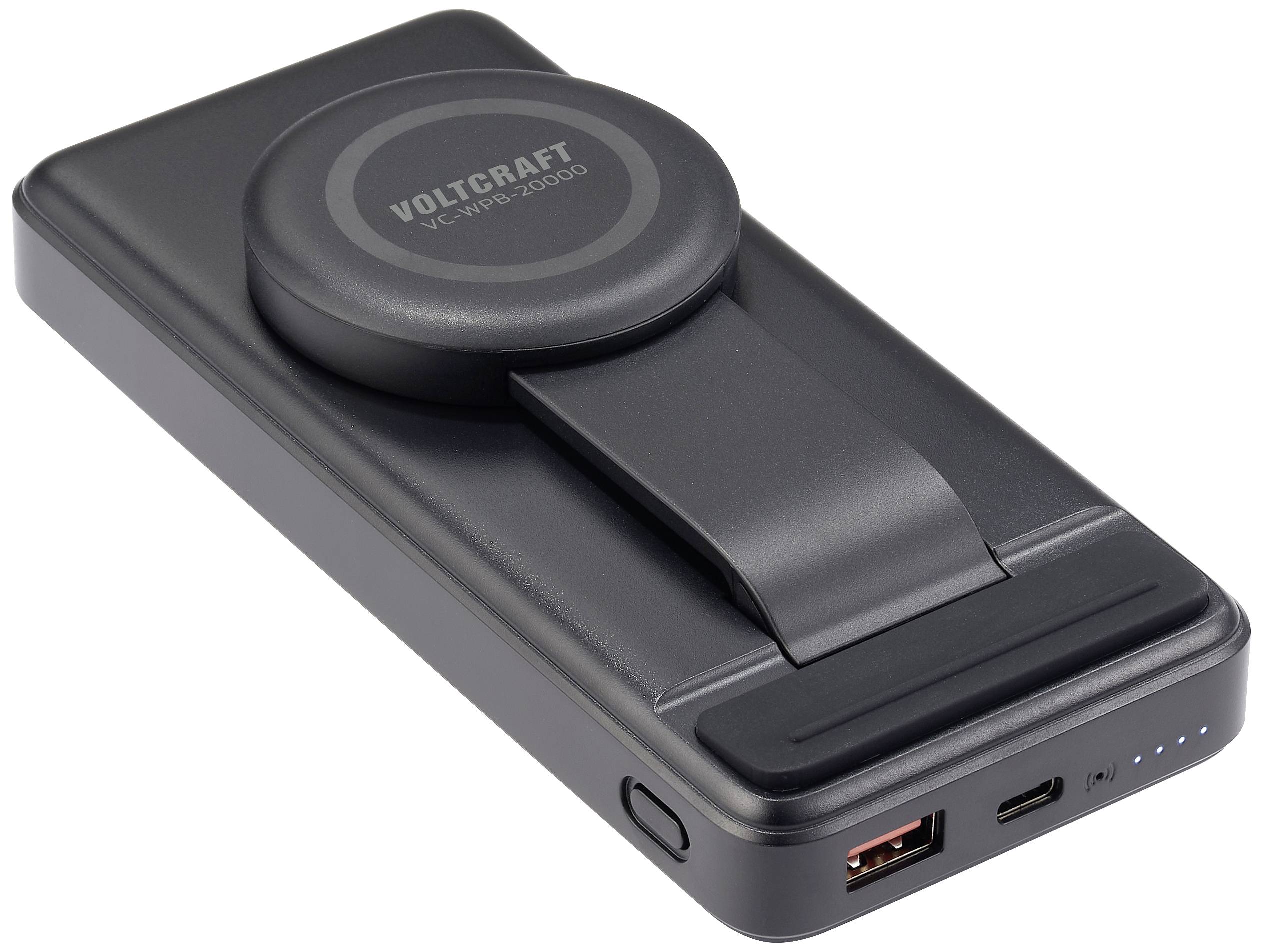 Schwarze Powerbank mit integriertem kabellosem Ladegerät und USB-Anschluss, kompakt und tragbar, geeignet für mobile Geräte.