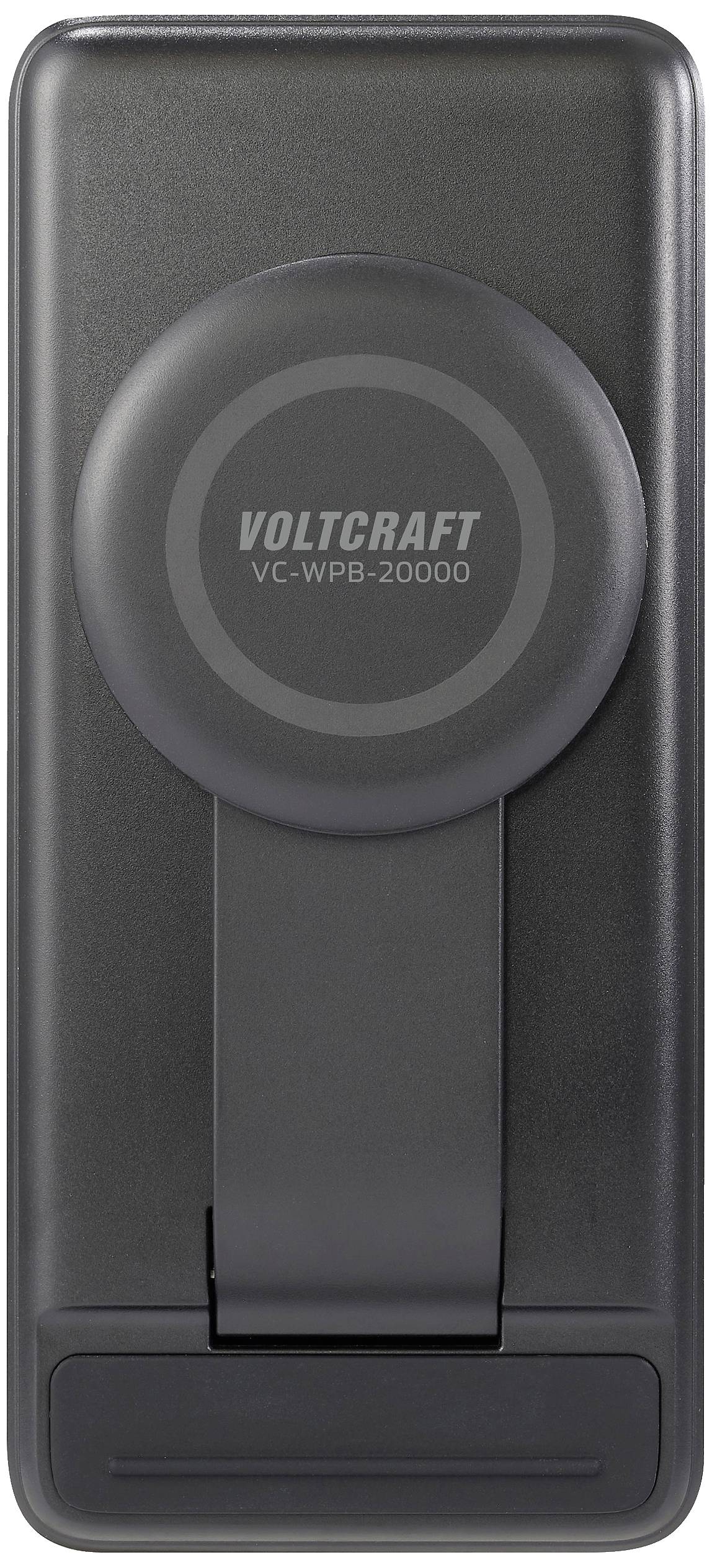 Schwarze VOLTCRAFT Powerbank, Modell VC-WPB-20000, aufrecht stehend.