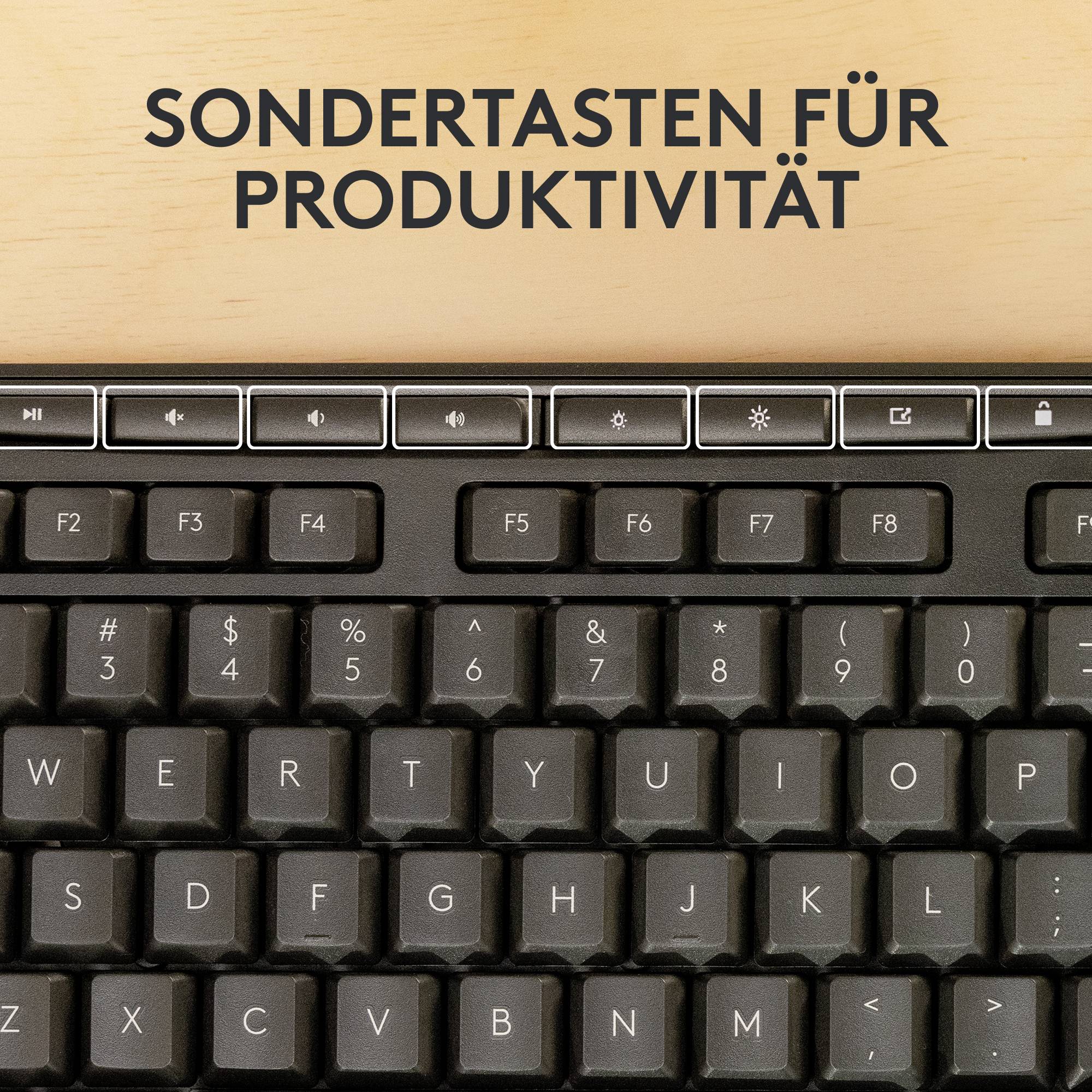 Eine Computertastatur mit speziellen Funktionstasten. Darüber steht der Text 'Sondertasten für Produktivität'.