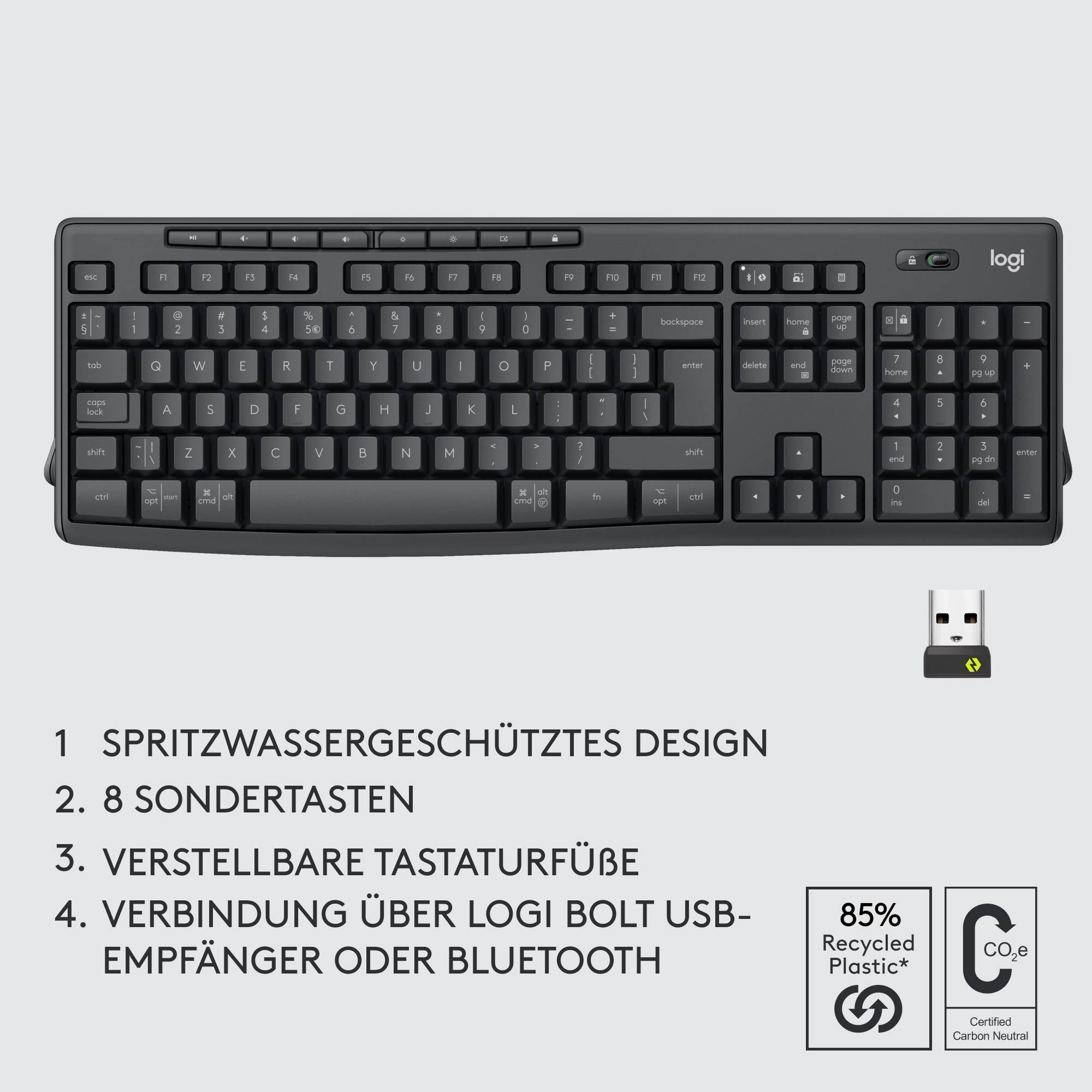 Tastatur in Schwarz mit deutschen Beschriftungen, bietet spritzwassergeschütztes Design, 8 Sondertasten, verstellbare Höhe, Verbindung über USB-Empfänger oder Bluetooth.