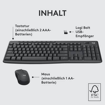 'Tastatur und Maus, jeweils mit Batterien. Logi Bolt USB-Empfänger enthalten.'