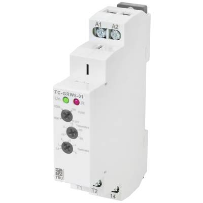 Ein weißer elektronischer Thermostat-Schalter mit Drehreglern und Anschlüssen, modelliert für DIN-Schienenmontage.