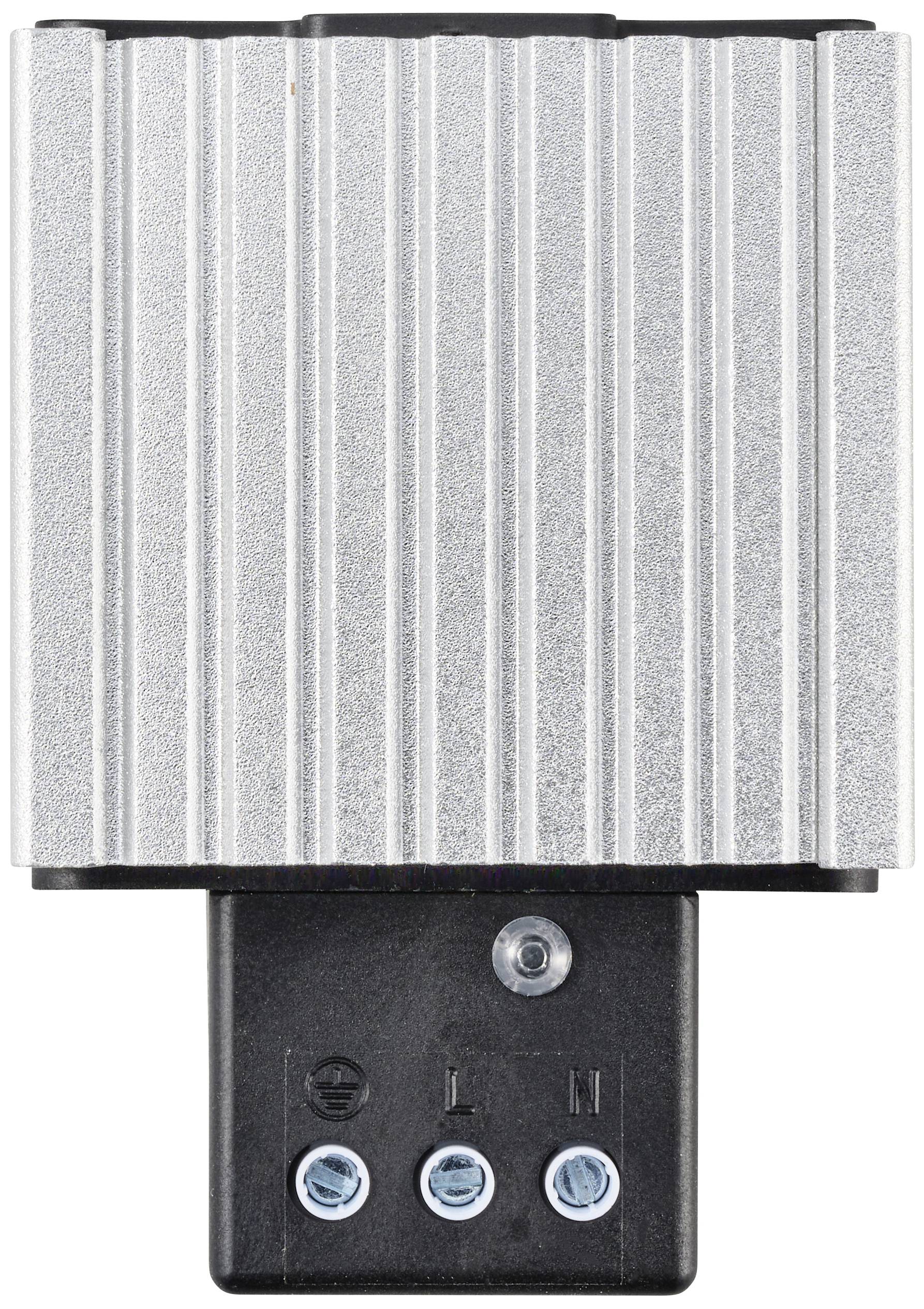 Kompakter silberner Aluminium-Heizkörper mit schwarzem Anschlussmodul unten, erkennbar an drei Schraubklemmen.