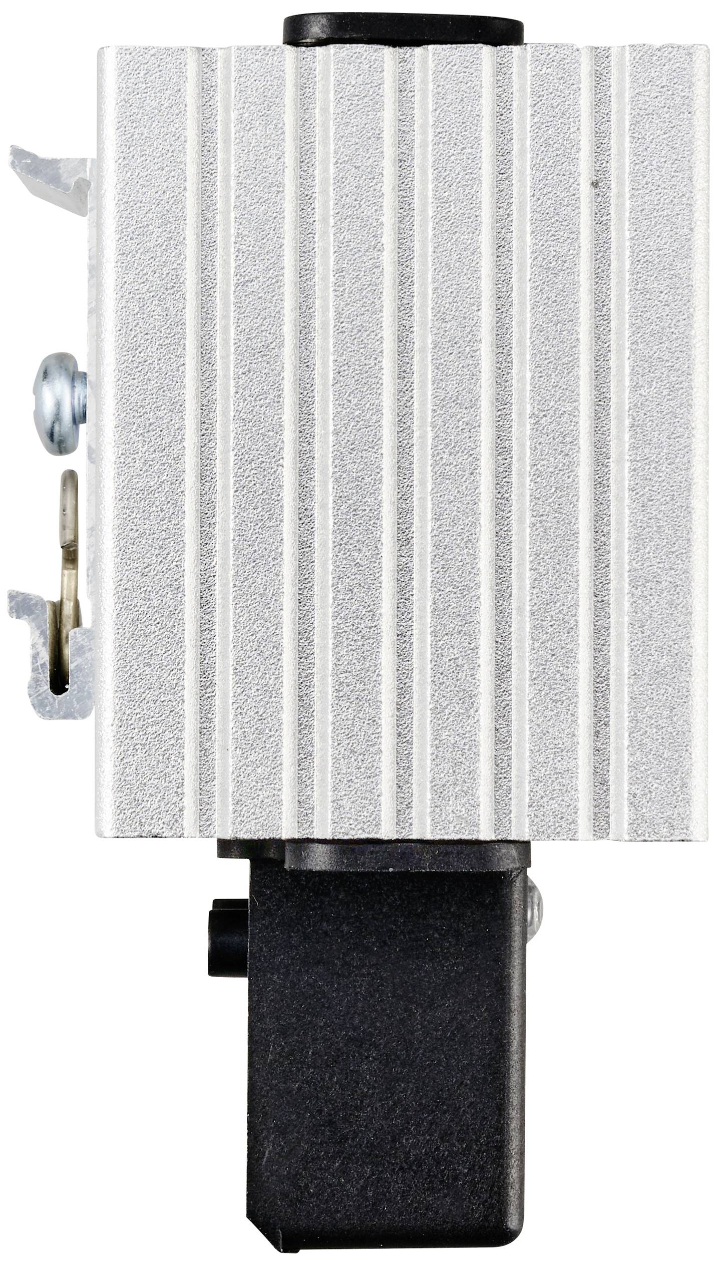 Ein silberner elektrischer Katalogantrieb mit geriffelten Oberflächenstrukturen und einem schwarzen Sockel, seitlich befestigte Schrauben.