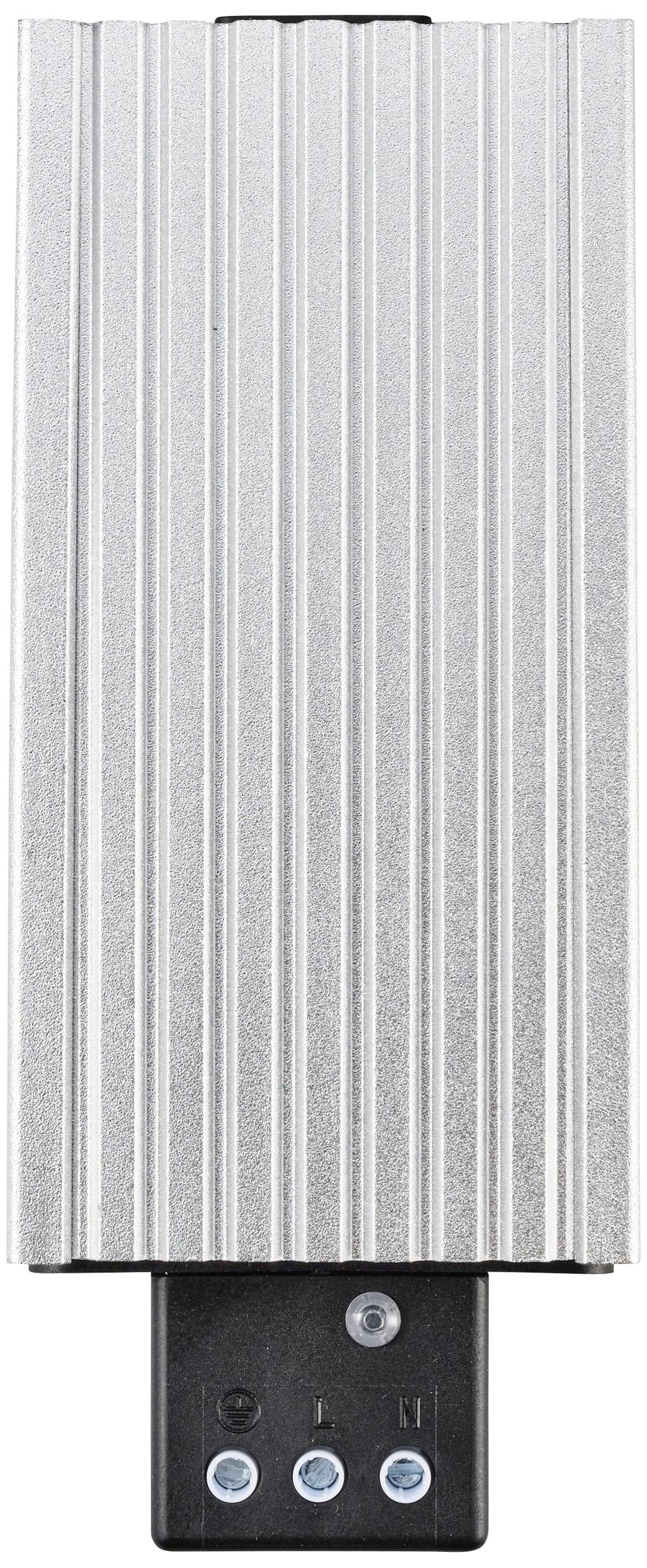 Aluminiumgehäuse mit gerillter Oberfläche, darunter ein schwarzes Kunststoffteil mit drei blauen Anschlüssen und einer Schraube oben.