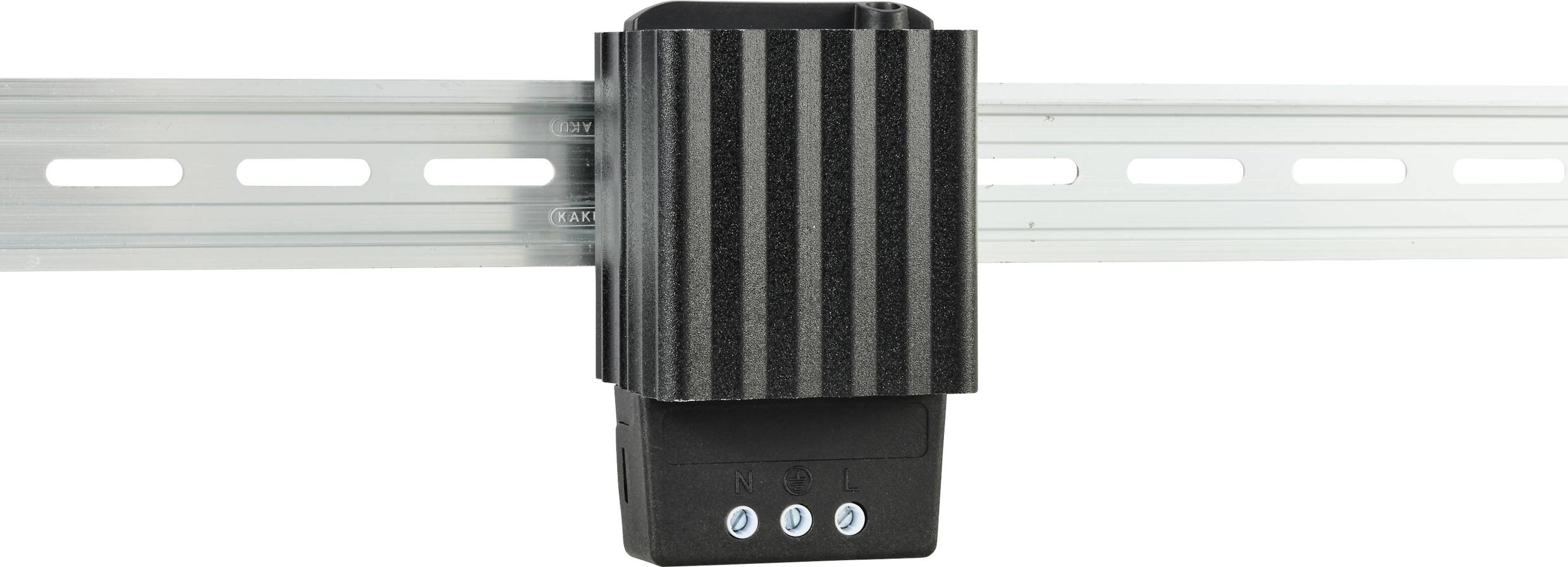 Ein schwarzes Gerät mit einem gerippten Gehäuse ist auf einer Metallschiene montiert. Darunter befinden sich drei blaue Symbole.