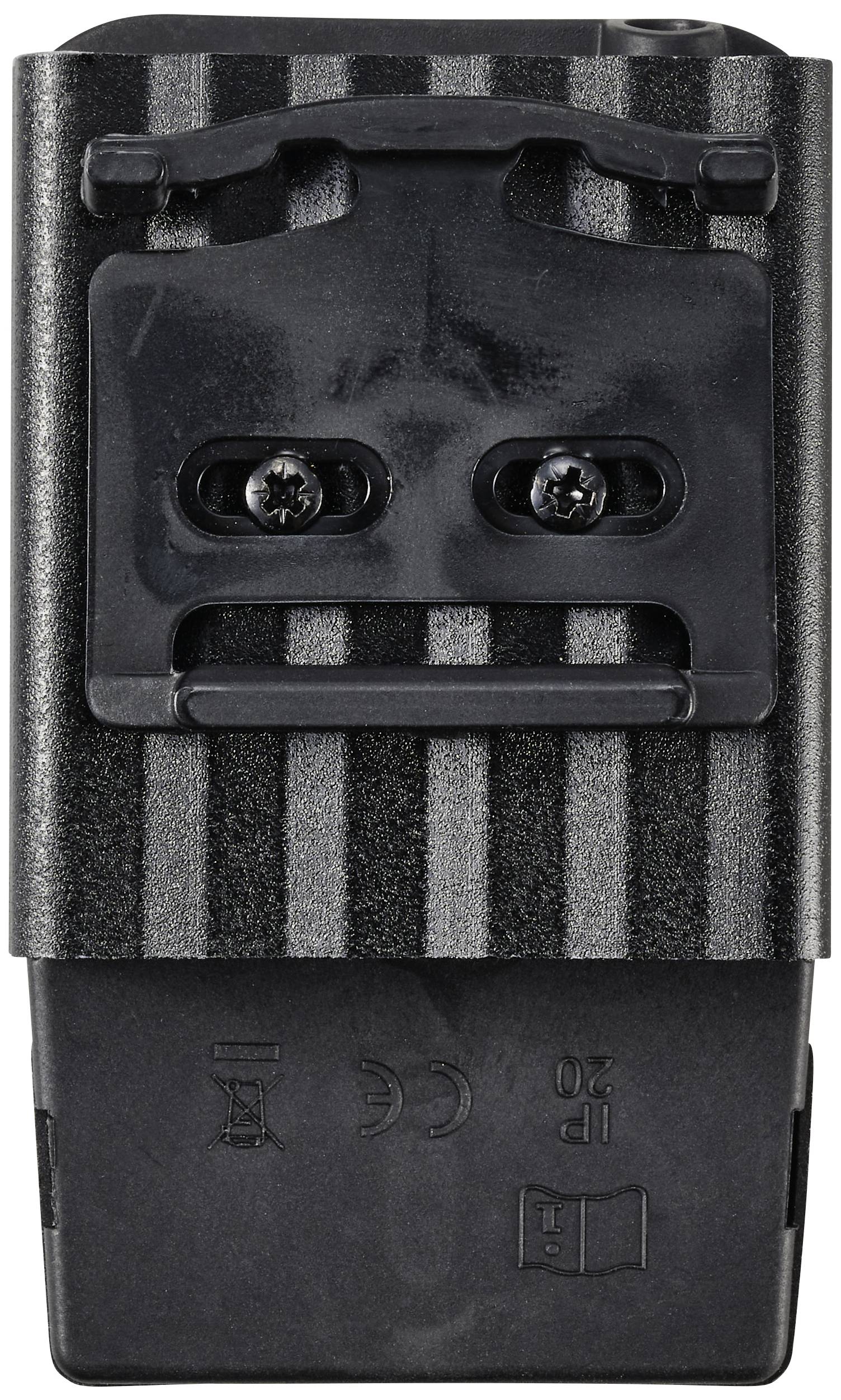 Ein rechteckiges elektronisches Bauteil mit einem schwarz-grauen gestreiften Gehäuse, zwei sichtbaren Schrauben und mehreren Symbolen.