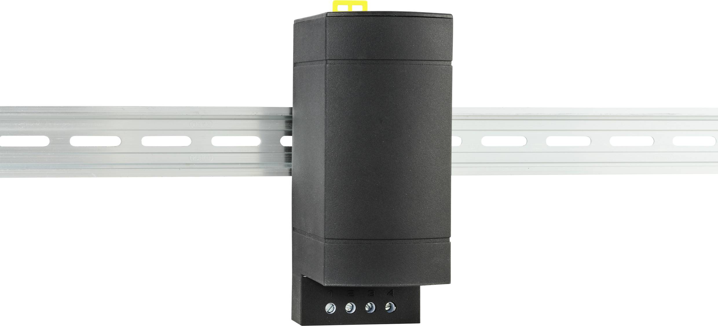 Ein schwarzes, rechteckiges elektronisches Gerät, das an einer horizontalen Metallschiene montiert ist.