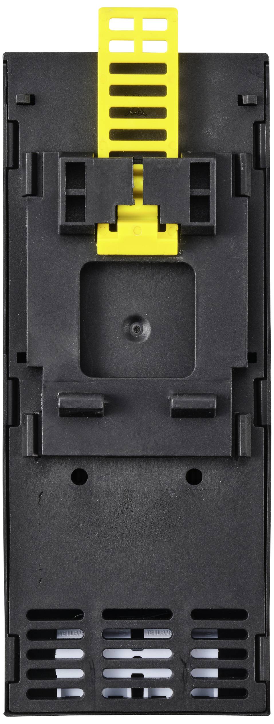 Schwarzes und gelbes modular aufgebautes elektrisches Bauteil, möglicherweise ein Schaltgerätadapter, mit Steckverbindungen.