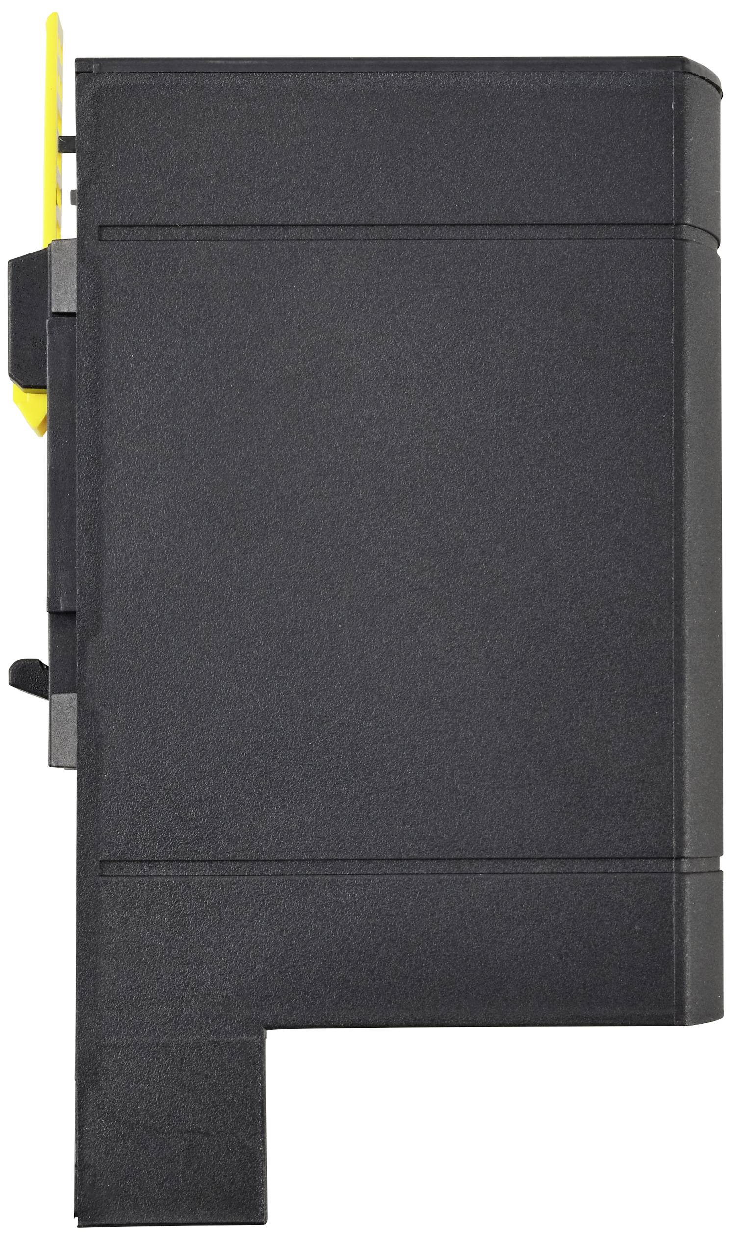 Eine schwarze Tonerkartusche, von der Seite betrachtet. Sie hat einen gelben Griff und ist Teil eines Druckers oder Kopierers.