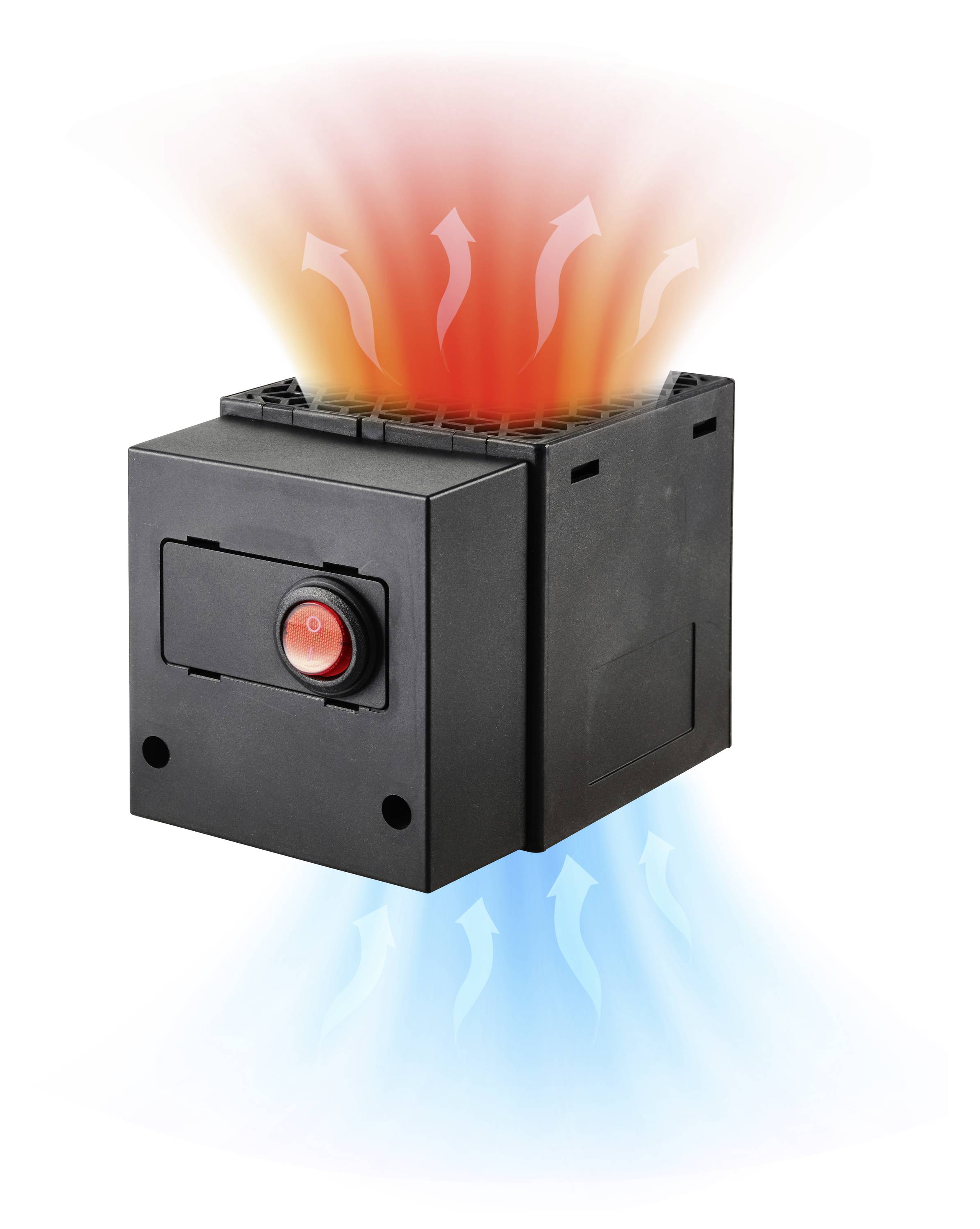 Schwarzes Gerät mit rotem Schalter, zeigt Pfeile für warme Luft nach oben und kalte Luft nach unten, veranschaulicht Luftzirkulation.