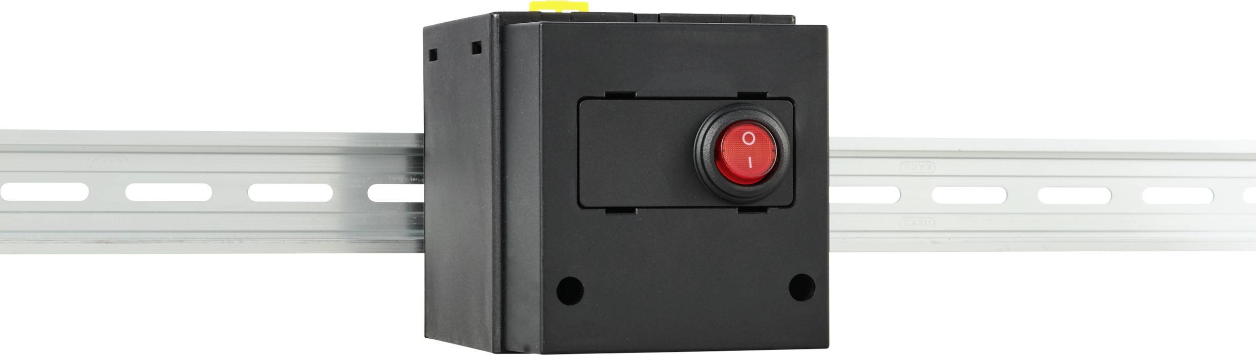 Schwarzer Schalter auf DIN-Schiene montiert, mit rot-weißem Ein-/Ausschalter im Zentrum.