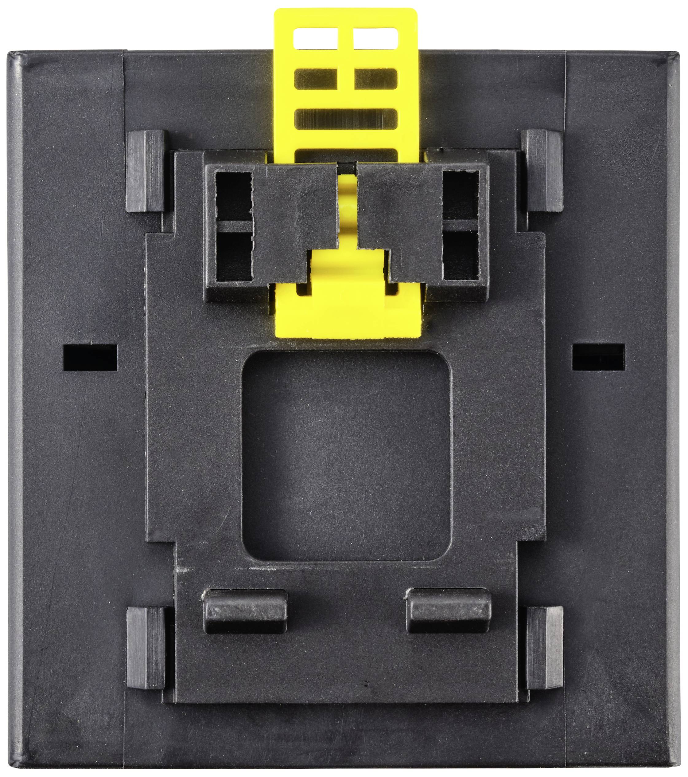 Ein schwarzer Kunststoffrahmen mit einem gelben Einsatz in der Mitte, der wie ein Steckverbinderelement wirkt.