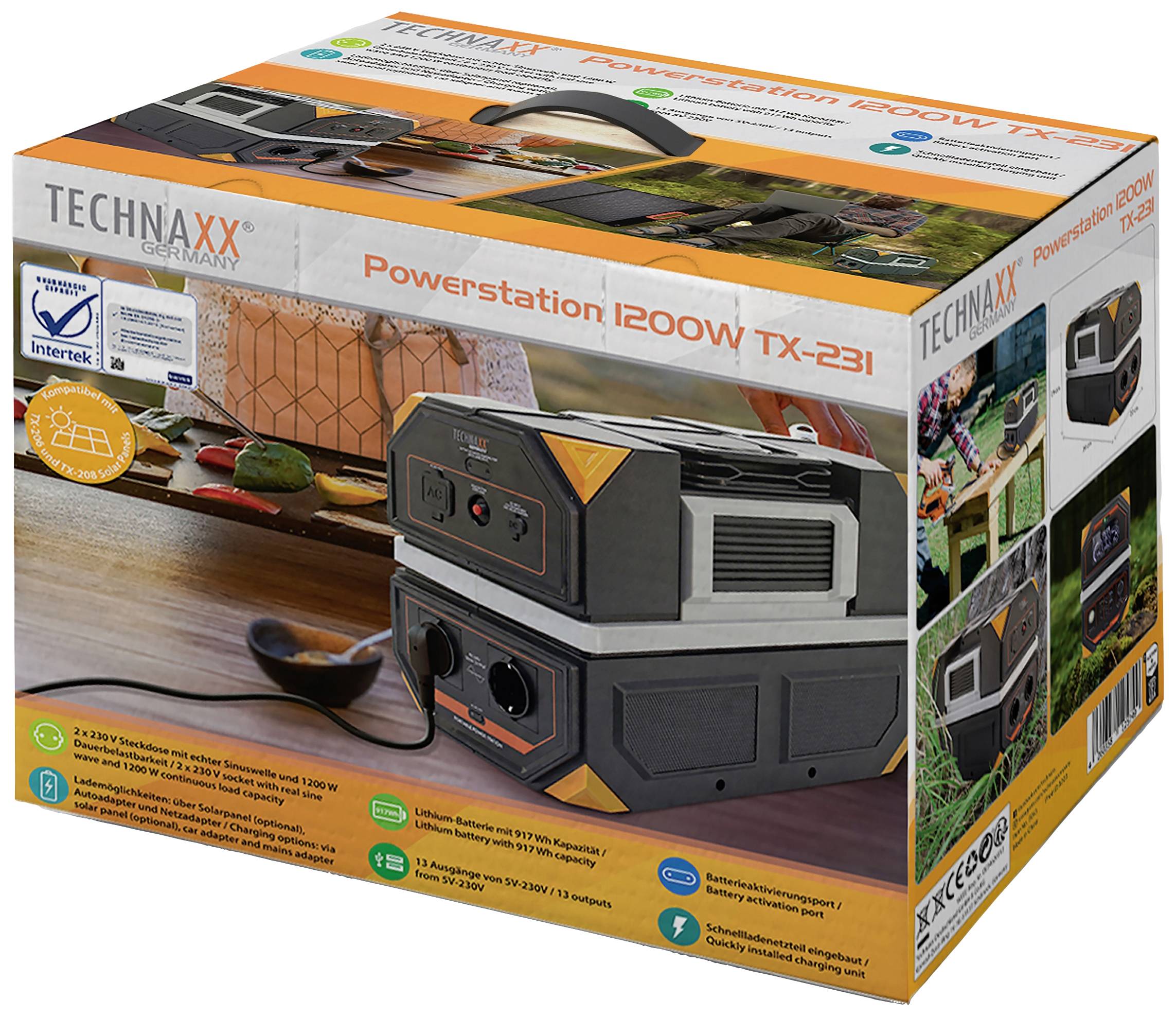 Powerstation-Verpackung mit der Aufschrift 'TECHNAXX Powerstation 1200W TX-23'. Enthält Bilder der Powerstation und Funktionsbeschreibungen.