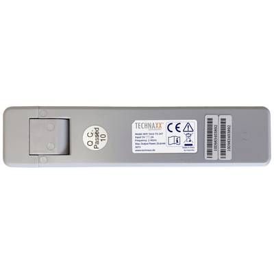 Rückseite eines WLAN-Sticks von Technaxx mit Etikett. Zeigt Modellnummer TX-207, Eingangsleistung 12V-2A, Frequenz 5,8GHz, CE- und RoHS-Symbole.
