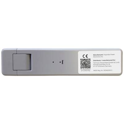 Ein weißes Gerät mit einem Etikett zeigt, dass es von 'Hoymiles Power Electronics Inc.' hergestellt und von 'Technaxx Deutschland GmbH & Co.KG' vertrieben wird.