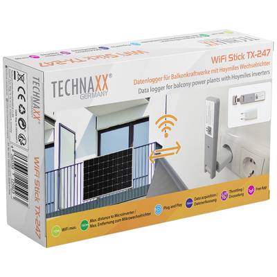 Verpackung eines TECHNAXX WiFi Stick TX-247. Beschriftet mit Funktionen wie Datenaufzeichnung für Solaranlagen und App-Kompatibilität.