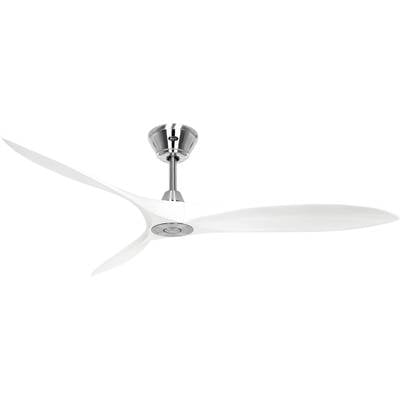 Ein moderner Deckenventilator mit drei weißen, geschwungenen Flügeln an einer metallischen Aufhängung, stilvolles Design.