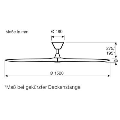 Diagramm eines Ventilators mit Deckenstange. Durchmesser: 1520 mm. Gesamthöhe: 275 mm bzw. 195 mm bei gekürzter Stange.